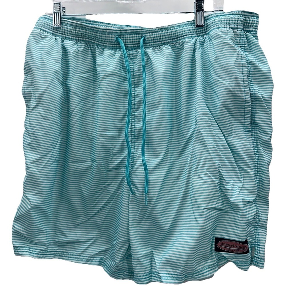 Vineyard‎ Vines Swim Trunks XL Teal White Striped Shark Board Shorts Lined 6"